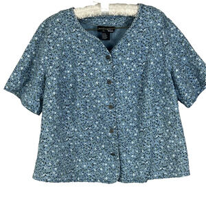 Requirements Woman Button Up Top Cottage Prairie Blue Floral Linen Blend Country